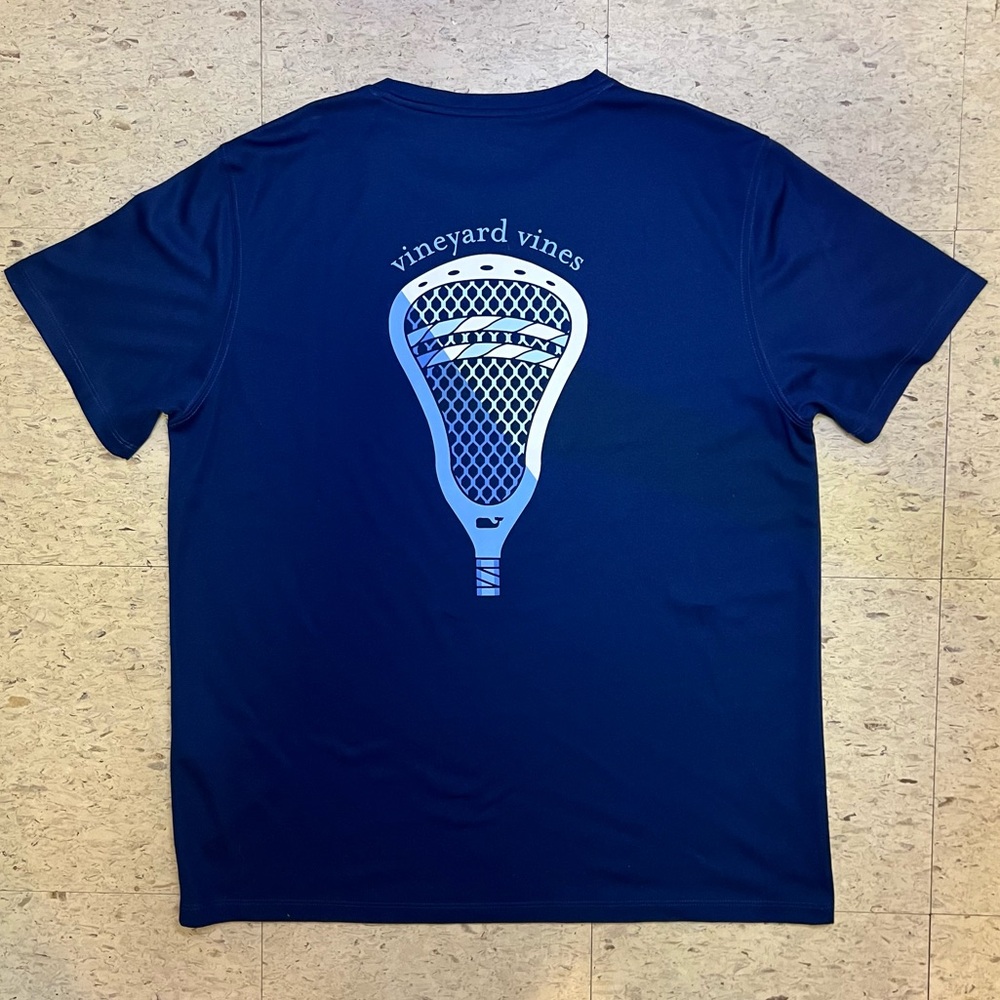 Vineyard Vines T-Shirt Mens L Performance Crew Neck Blue Whale Lacrosse Racket